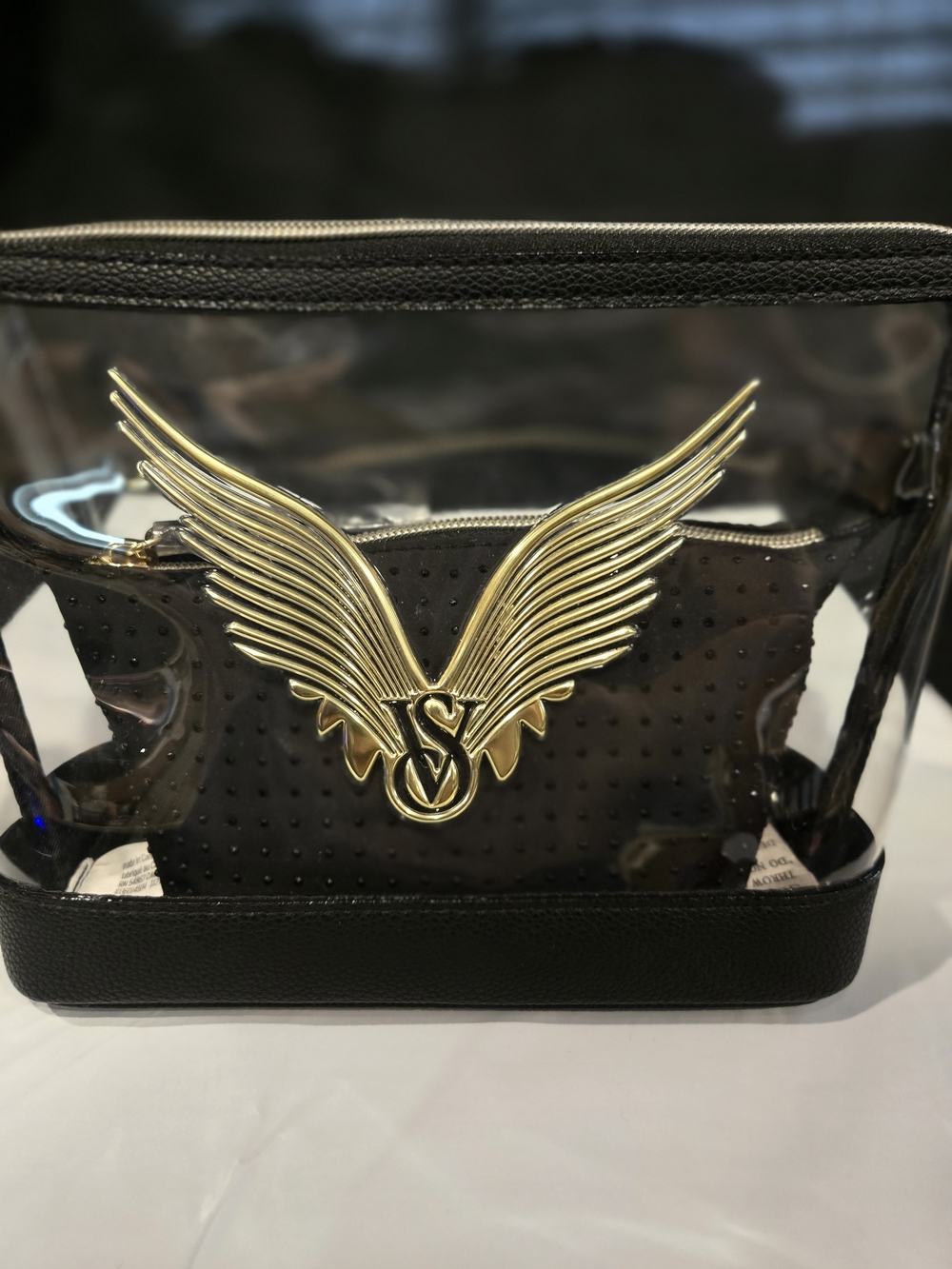 Victoria's Secret Clear Cosmetic Case with Black Trim & Gold Accent